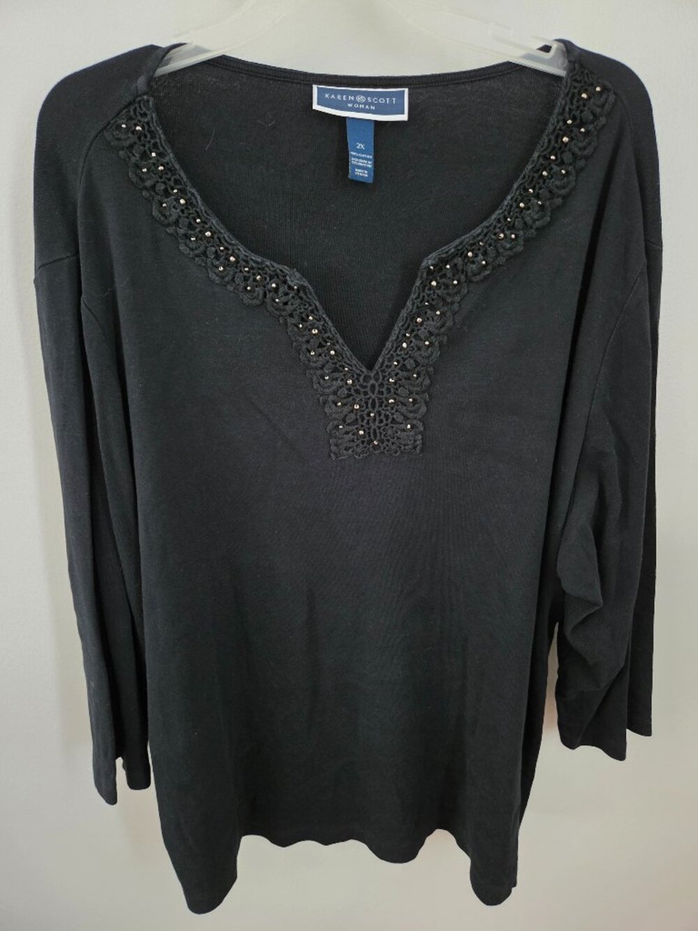 Karen Scott Women's Black V Neck Silver Beaded 3/4 Sleeve Top Shirt Plus Size-2X